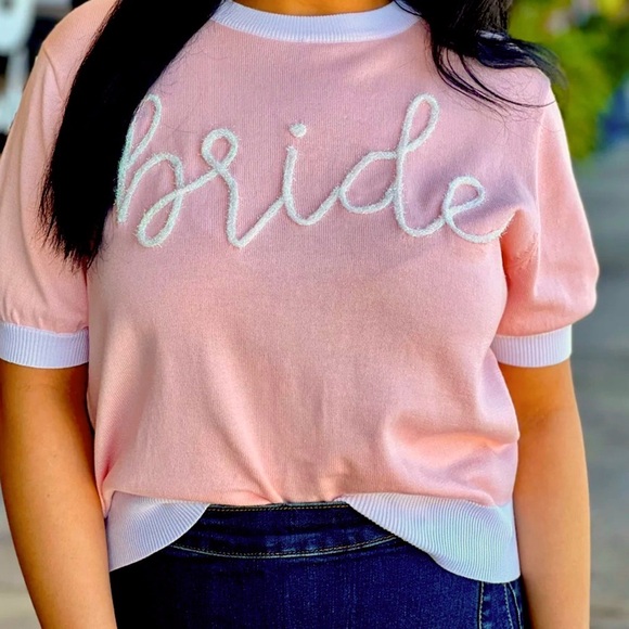 QUEEN OF SPARKLES Sweaters - Queen of Sparkles Bride Glitter Script Short Sleeve Sweater Blouse